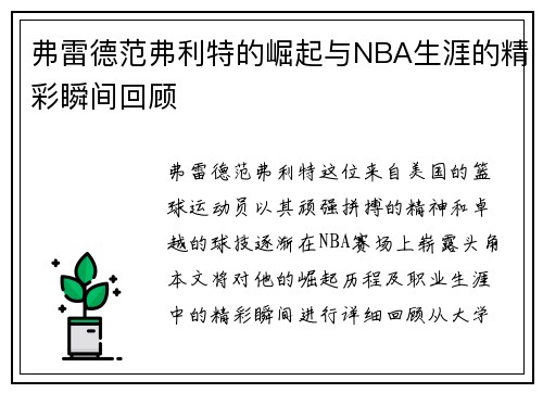弗雷德范弗利特的崛起与NBA生涯的精彩瞬间回顾