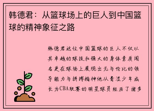 韩德君：从篮球场上的巨人到中国篮球的精神象征之路