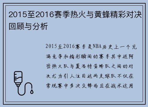 2015至2016赛季热火与黄蜂精彩对决回顾与分析