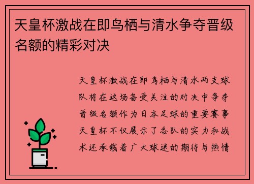 天皇杯激战在即鸟栖与清水争夺晋级名额的精彩对决