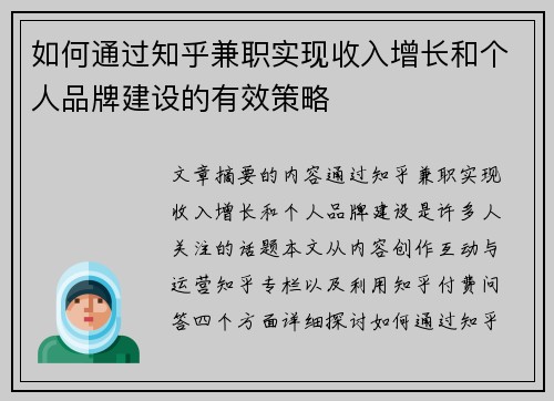 如何通过知乎兼职实现收入增长和个人品牌建设的有效策略